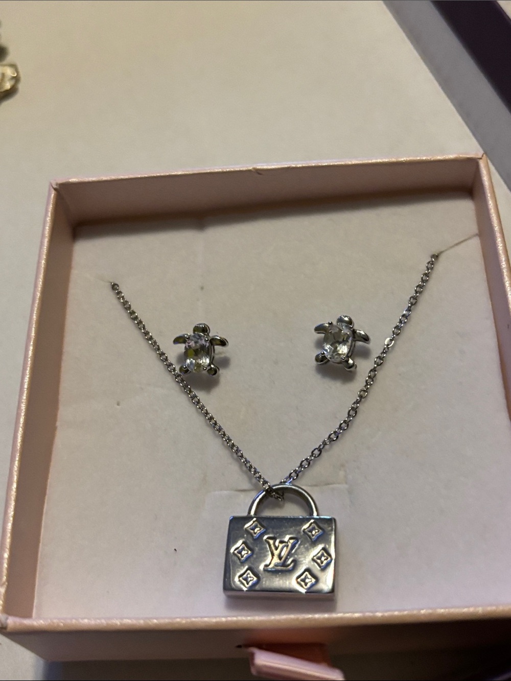 Silver Padlock Pendant Necklace and Crystal Stud Earrings Set